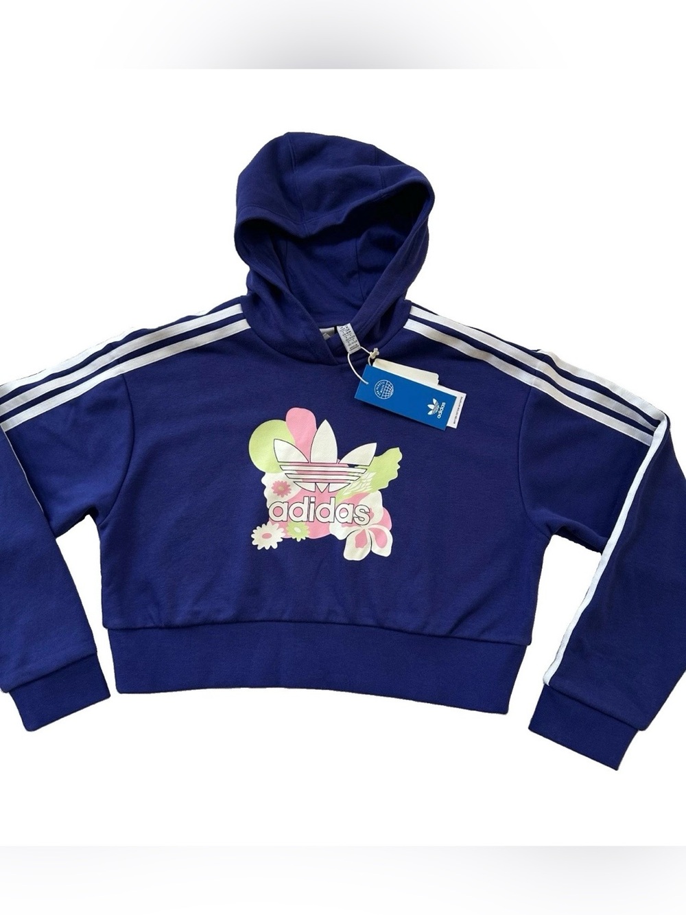 adidas Originals Cropped Hoodie M Womens Flower Printed Legacy Indigo Purple NWT